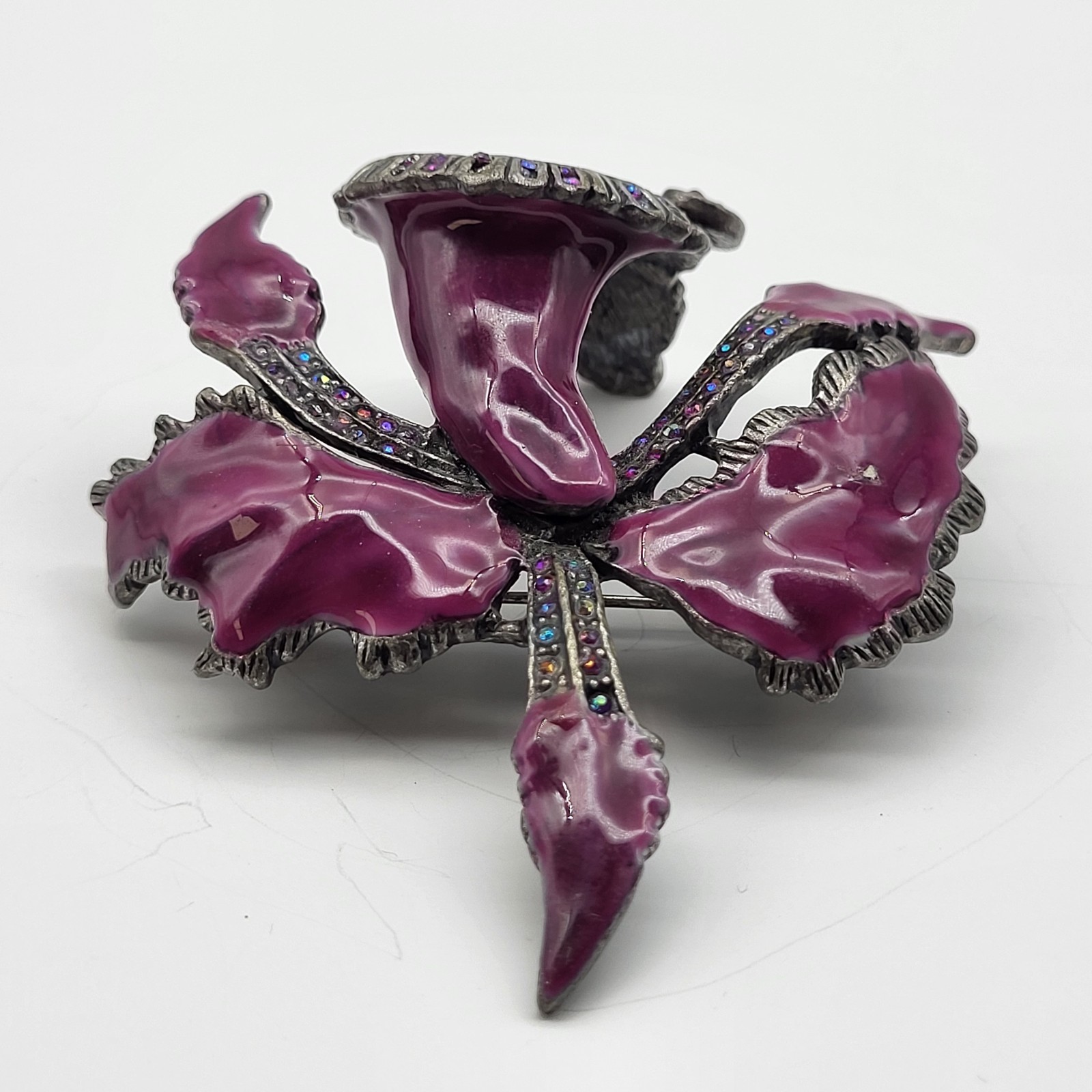 Stunning Purple enamel rhinestone Orchid Flower Brooch pin Realistic Botanical