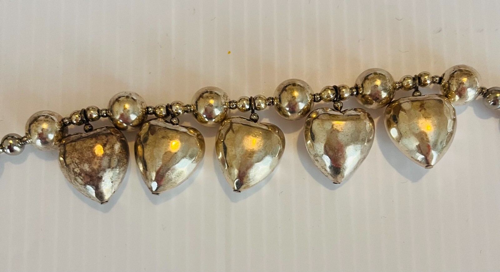 Vintage 1980s Puffy Hearts Beaded Station Silver Tone 16″ Necklace