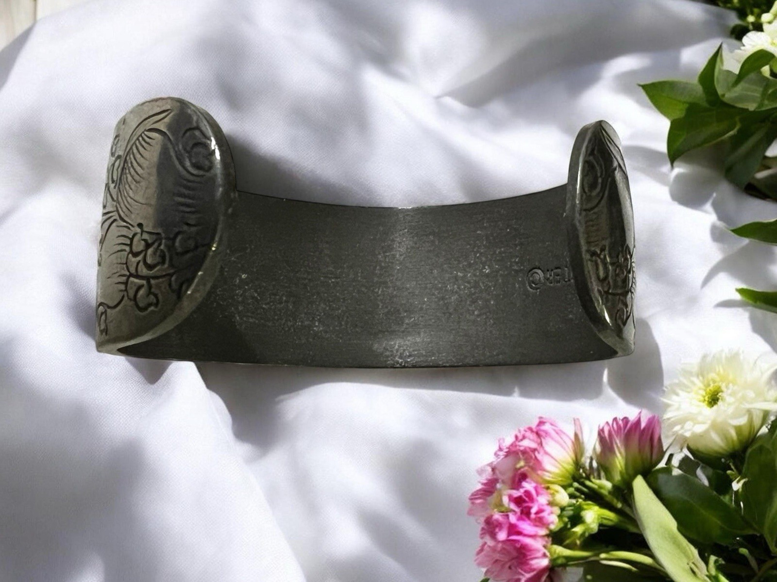 Salisbury Pewter Flower of the Month May Lilly Of Valley 2” Wide Cuff Bracelet