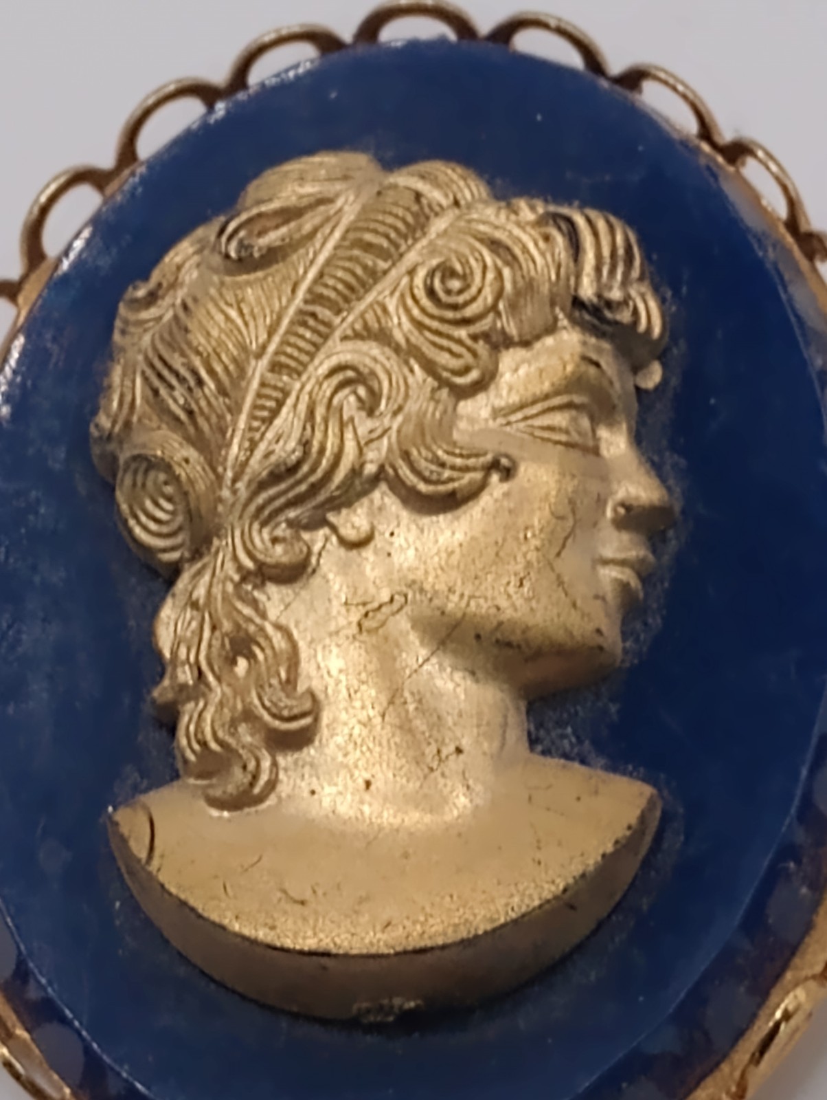 Vintage Blue Gold Cameo Brooch Greek roman goddess Female Profile Pin 1 3/4 in
