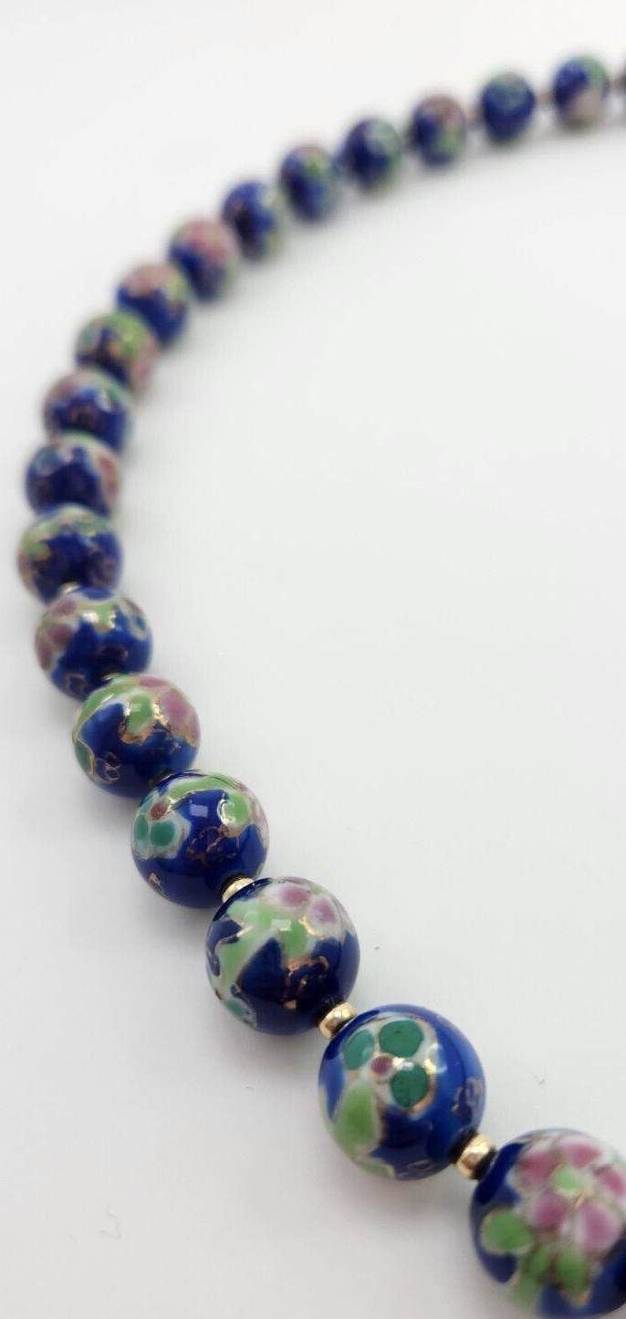 Vintage Japanese Cloisonne Bead Floral Necklace, Blue Pink and Green 22 Inches