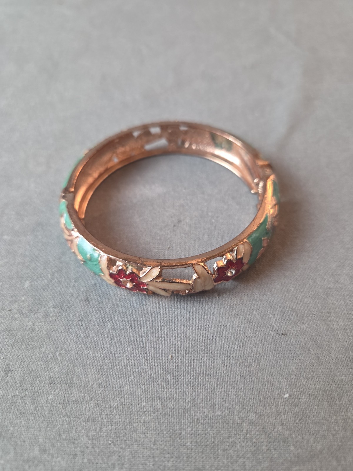 Signed UJOY Cloisonné Hinged Bracelet With Open Work Design Teal & Floral