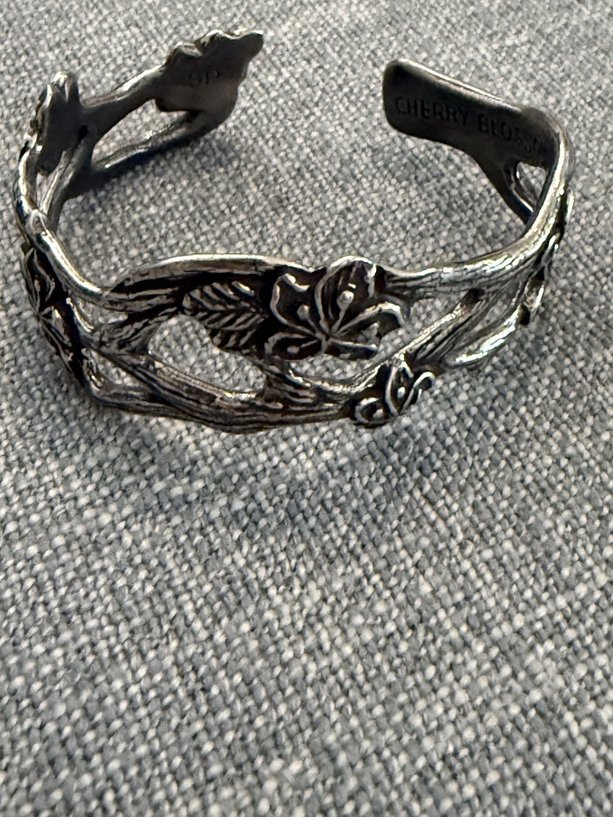 Salisbury Pewter Carved Cherry Blossom Relief Floral Adjustable Cuff Bracelet
