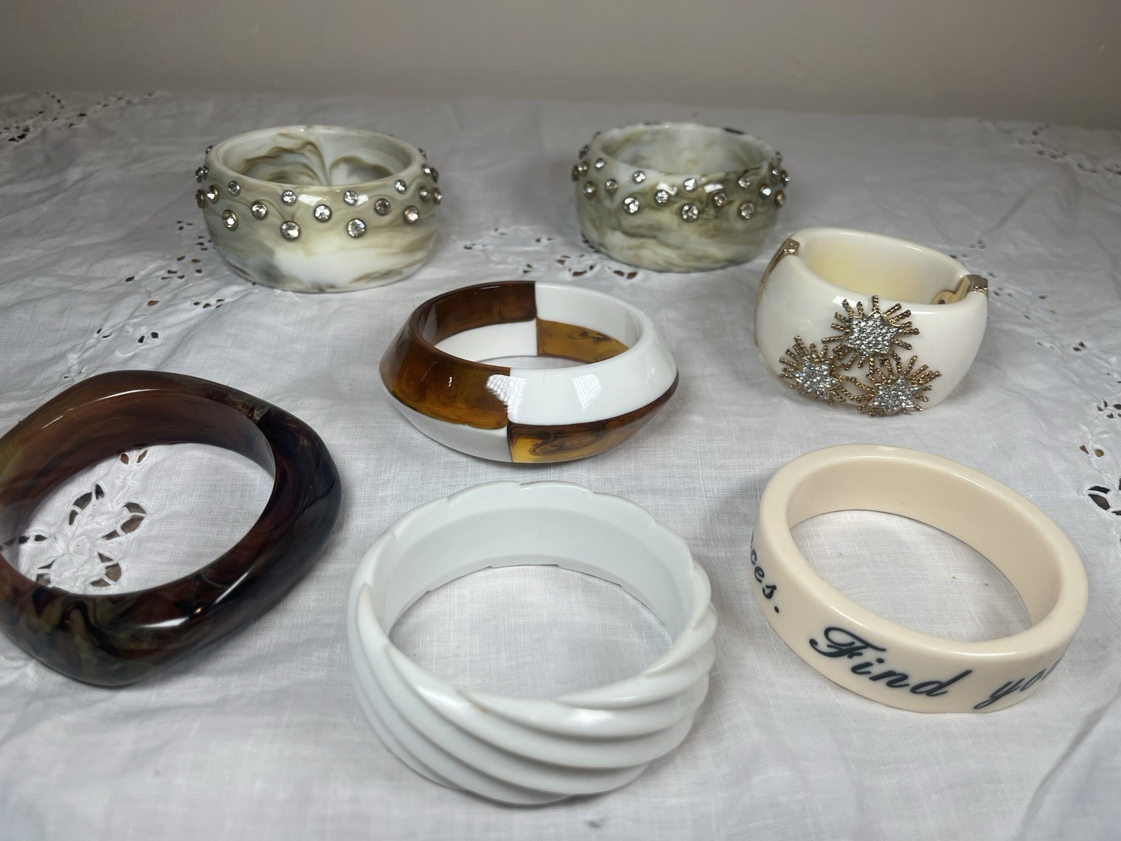 Lot of 7 Chunky Lucite Bangle Bracelets, Clamper, Rhinestones, Earthtones