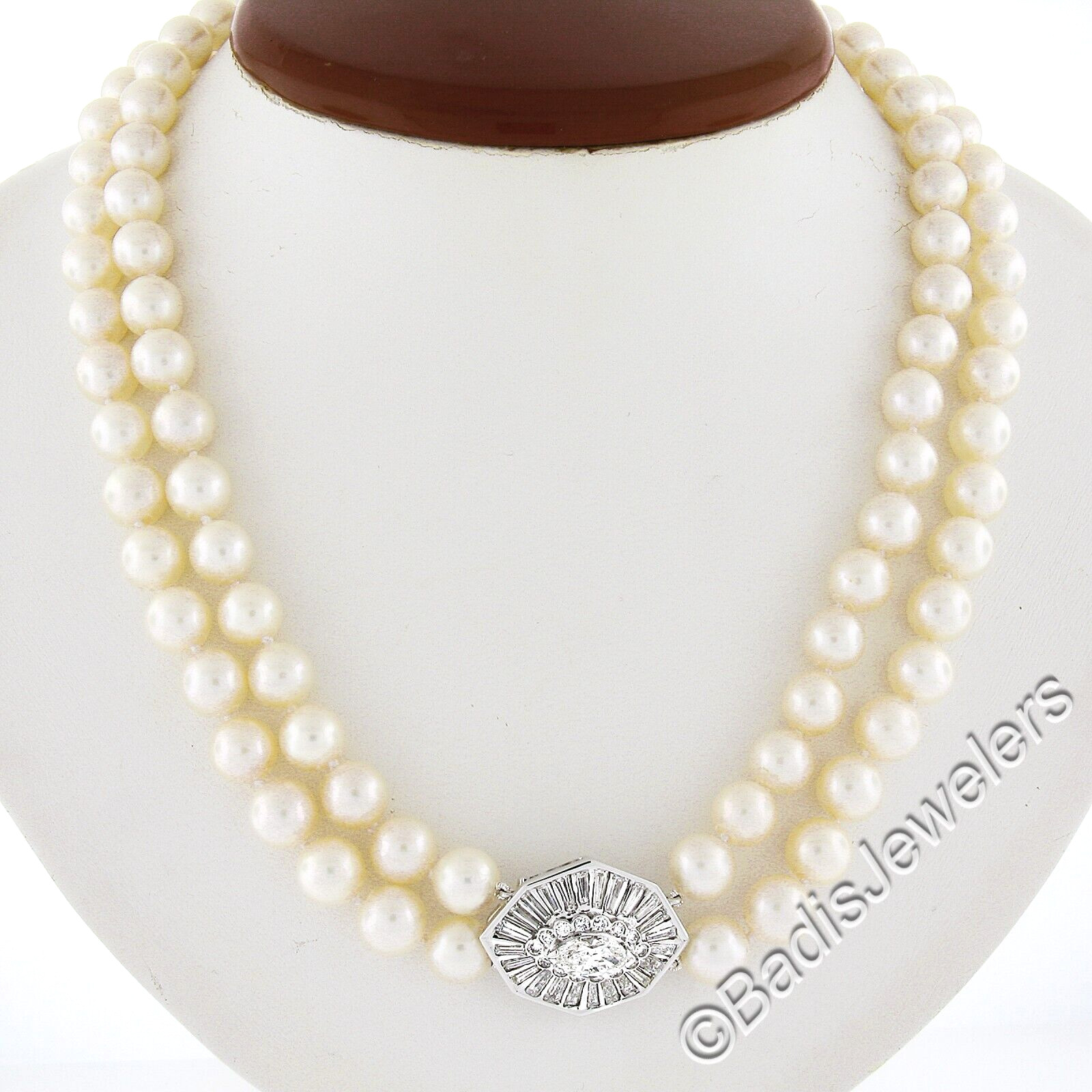 18k White Gold Dual Strand 8-8.5mm Pearl Necklace w/ GIA 3.68ctw Diamond Clasp