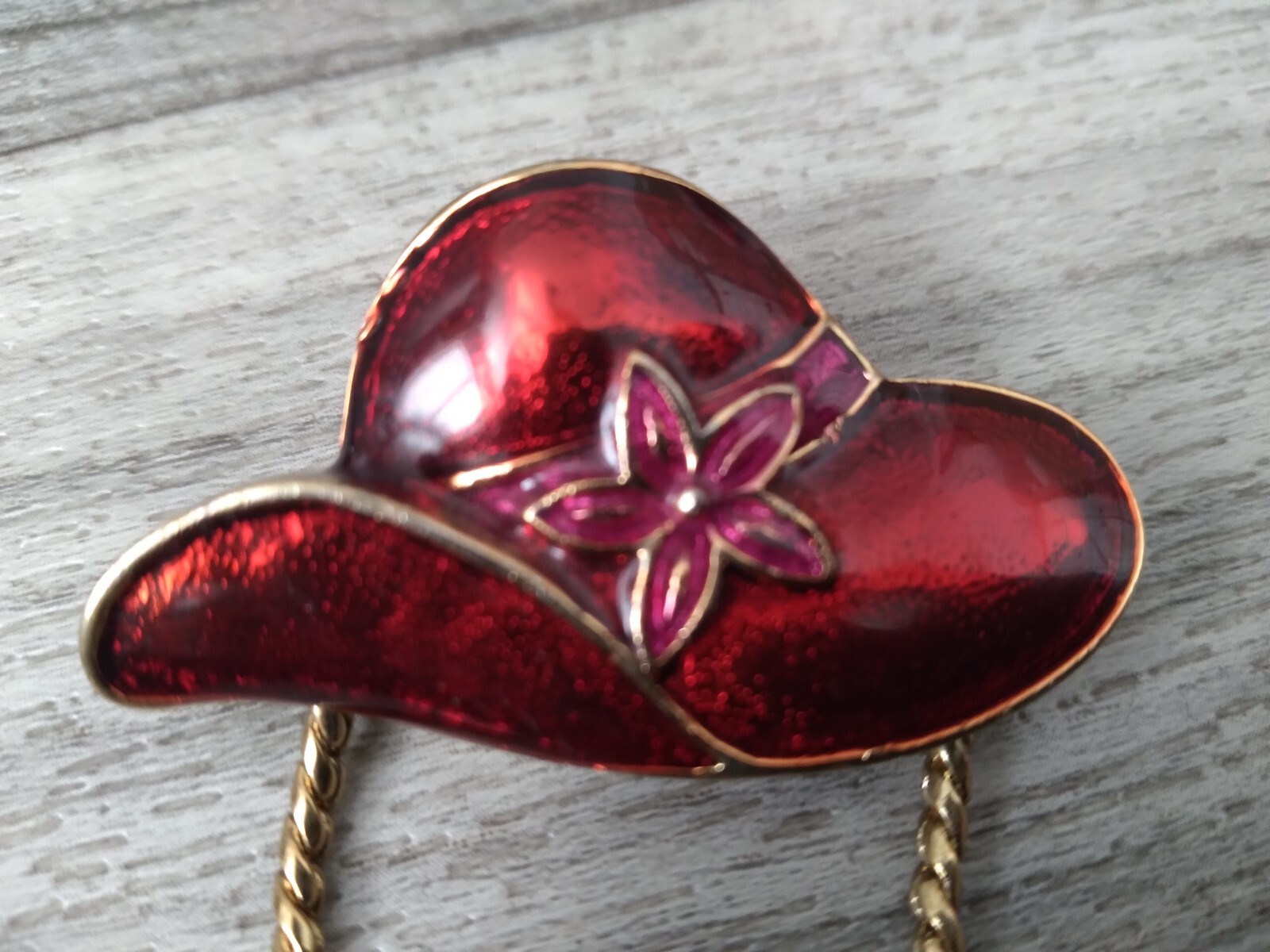 Vintage Red Enamel Hat Brooch Pin Gold Tone 1950s Flower Gold Tone