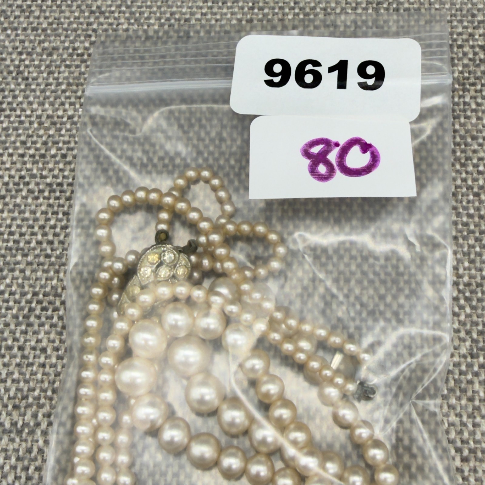 Vintage Art Deco Pearl Necklace Double Strand Box Clasp Rhinestones 17 Inches