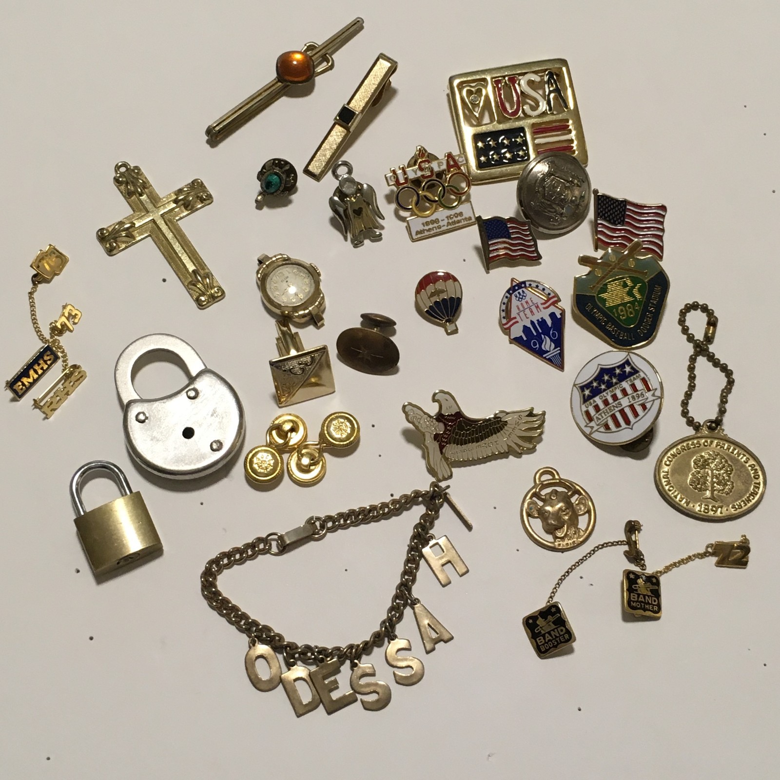 Lot of Vintages Pins Tie Lip Elgin Watch for repair locks cuff Links Flags USA