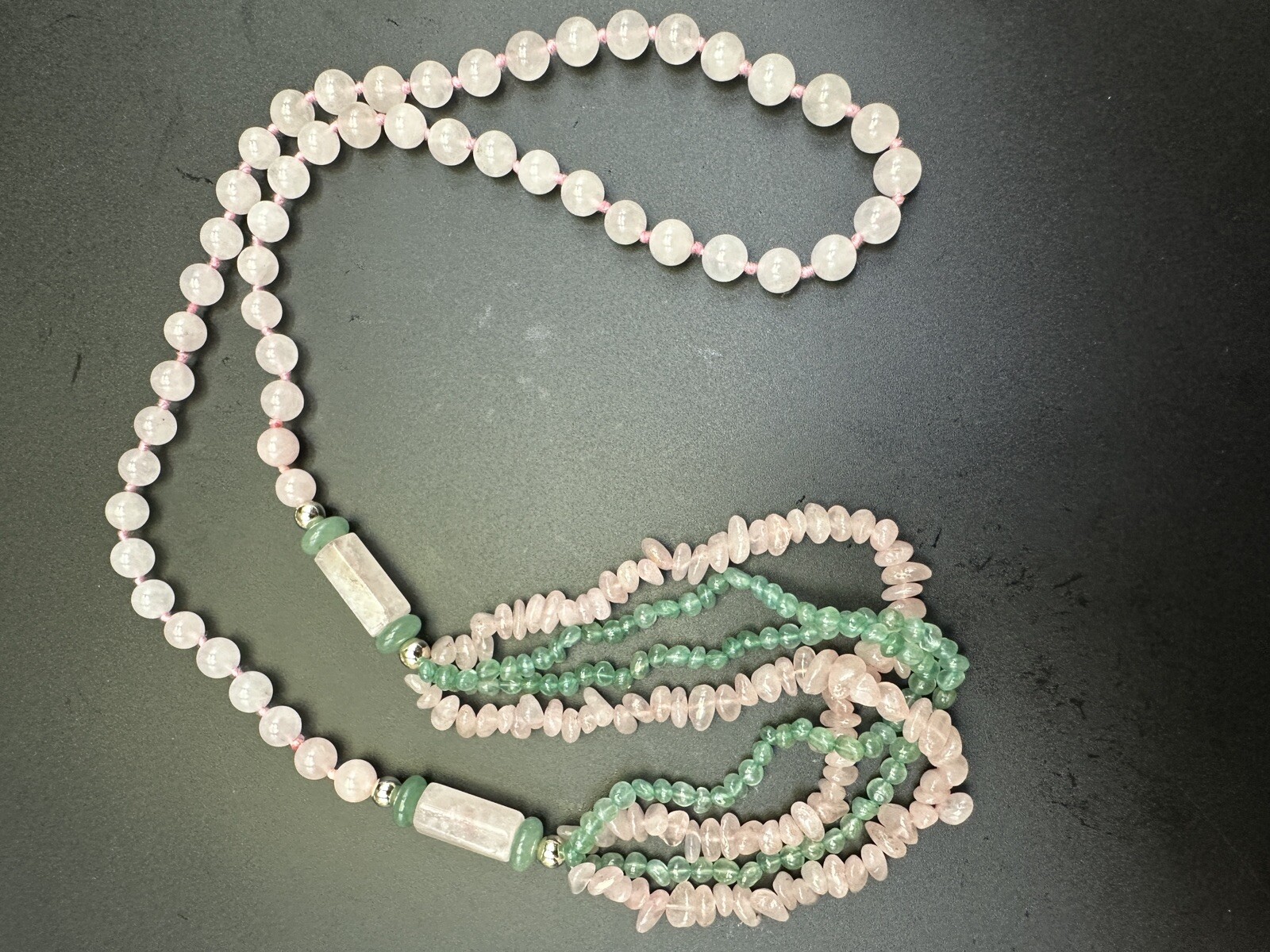 Vintage Chinese Export Multistrand Pink Rose Quartz Green Jade Necklace Stunning