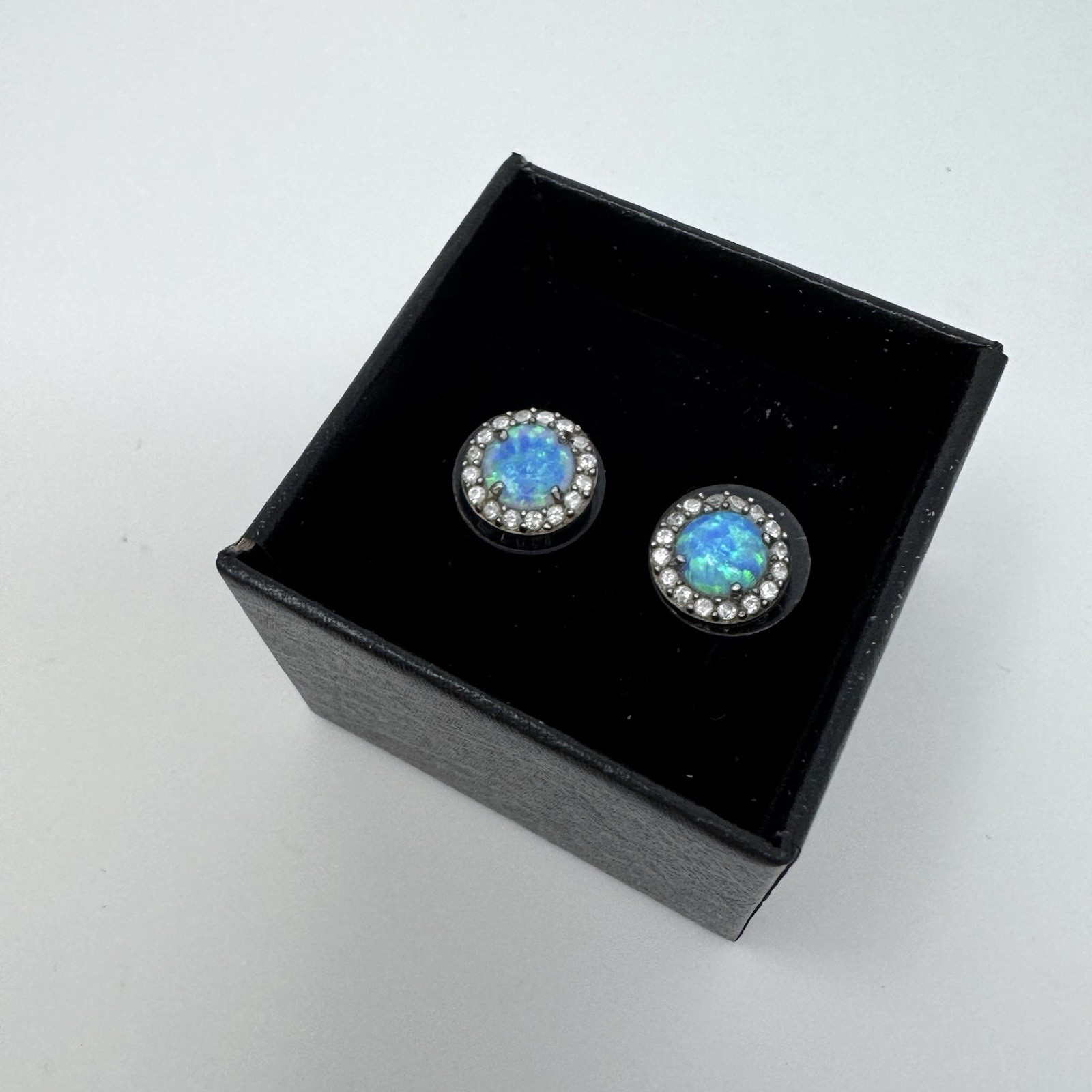 Vintage Estate 925 Sterling Silver Blue Opal & CZ Round Stud Earrings