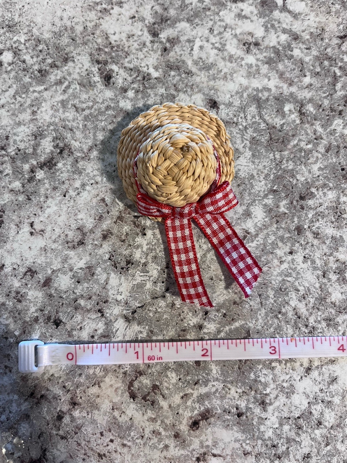 90s Vintage Round Woven Straw Brooch Pin with Red & White Gingham Ribbon Bow