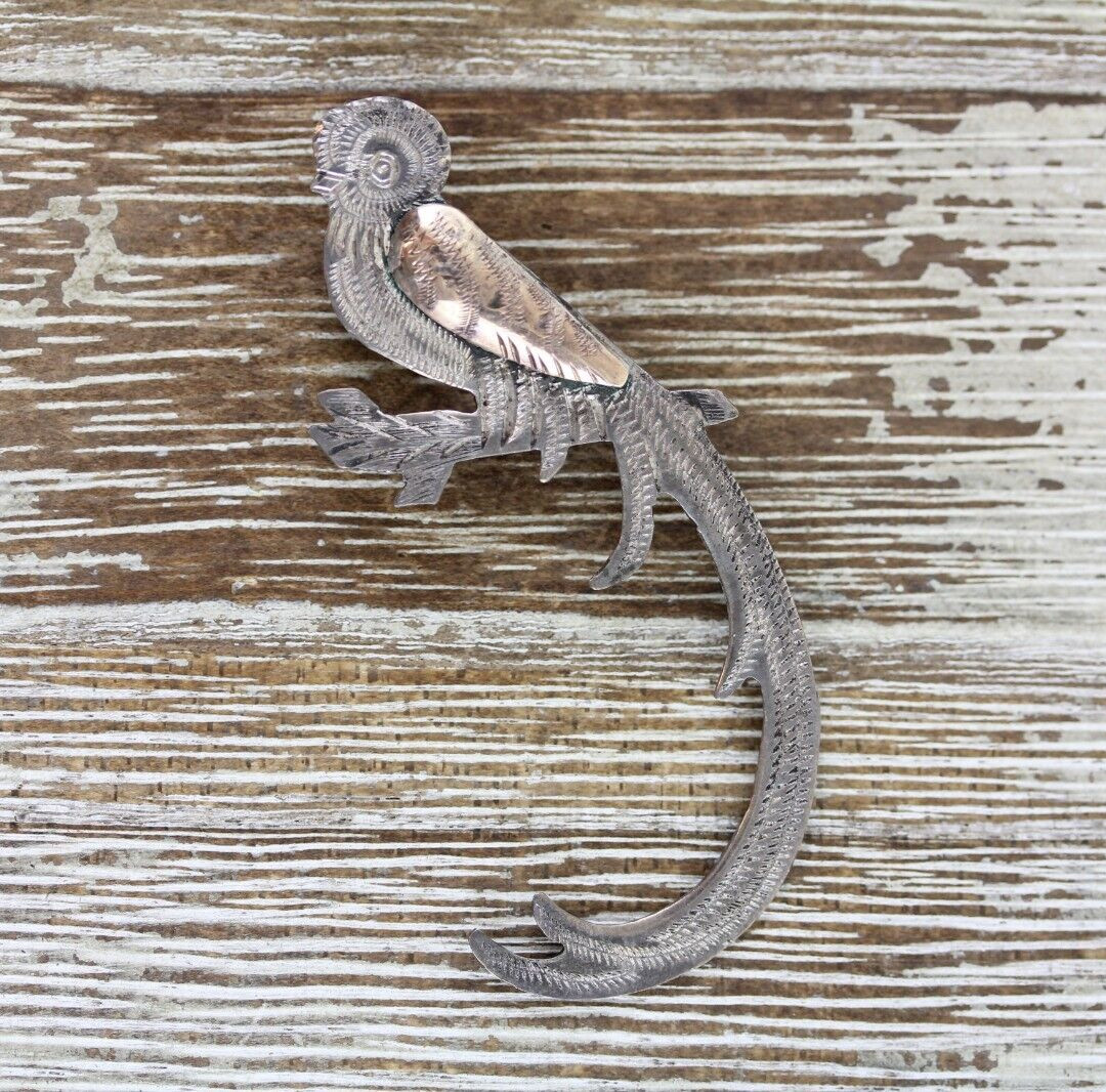 Vintage Guatemala 900 Fine Silver Two Tone Quetzal Bird Of Paradise Pin Brooch