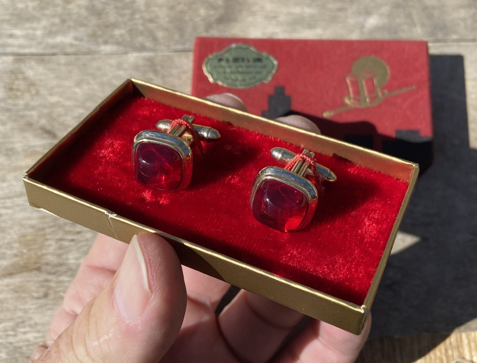 Vintage HADLEY Simulated Red Gemstone Cufflinks Original Box & Jeweler’s Label