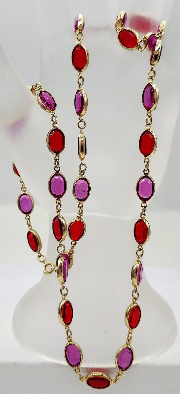 Vintage Bezel Set Oval Fuchsia Pink & Red Crystal Opera Length Necklace 29″ Long