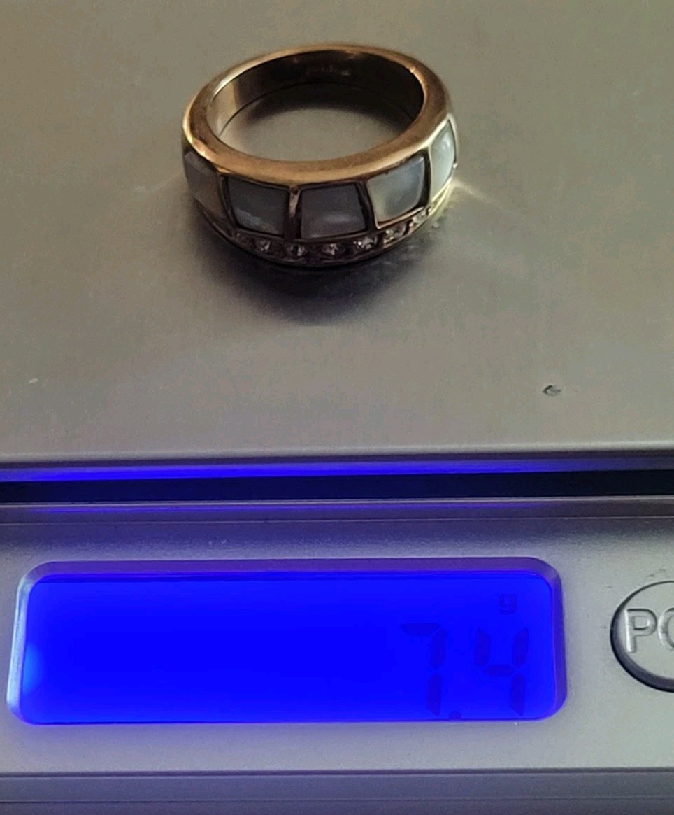 Vintage 18K Rolled Gold Plate Ring Wt 7.4 Grams Mop Inlay / Rhinestone Size 8