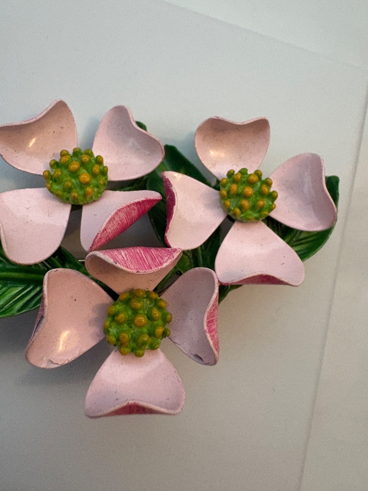 Vintage Pink and Green Enamel Dogwood Flower Brooch