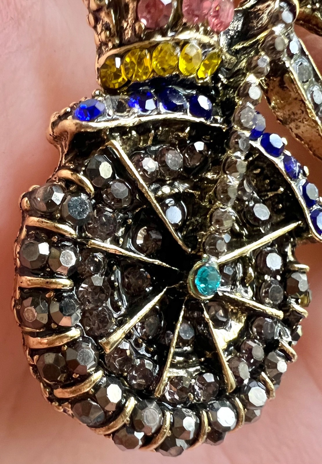 Large Whimsical Frog Pin Rhinestone Toad RIDING bike prince crown vtg Brooch