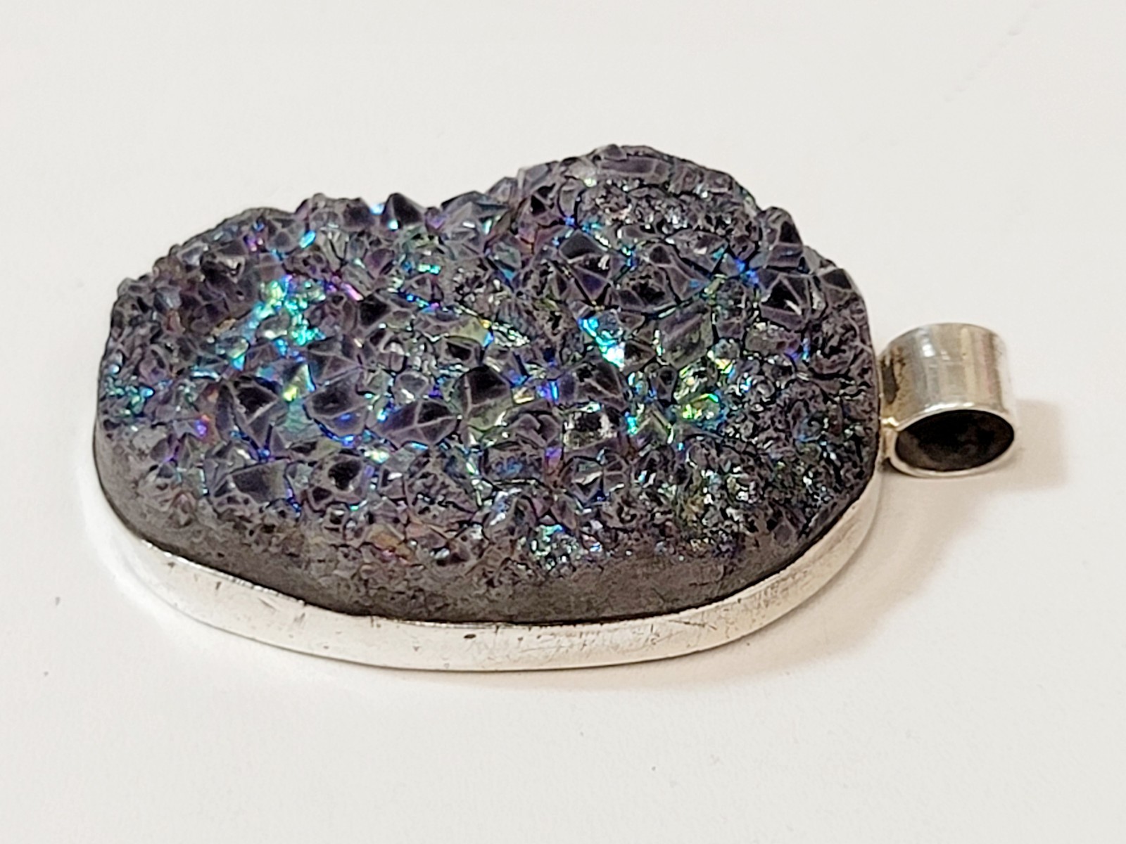 Vintage Sterling Silver Large Purple Blue Peacock Druzy Stone Necklace Pendant