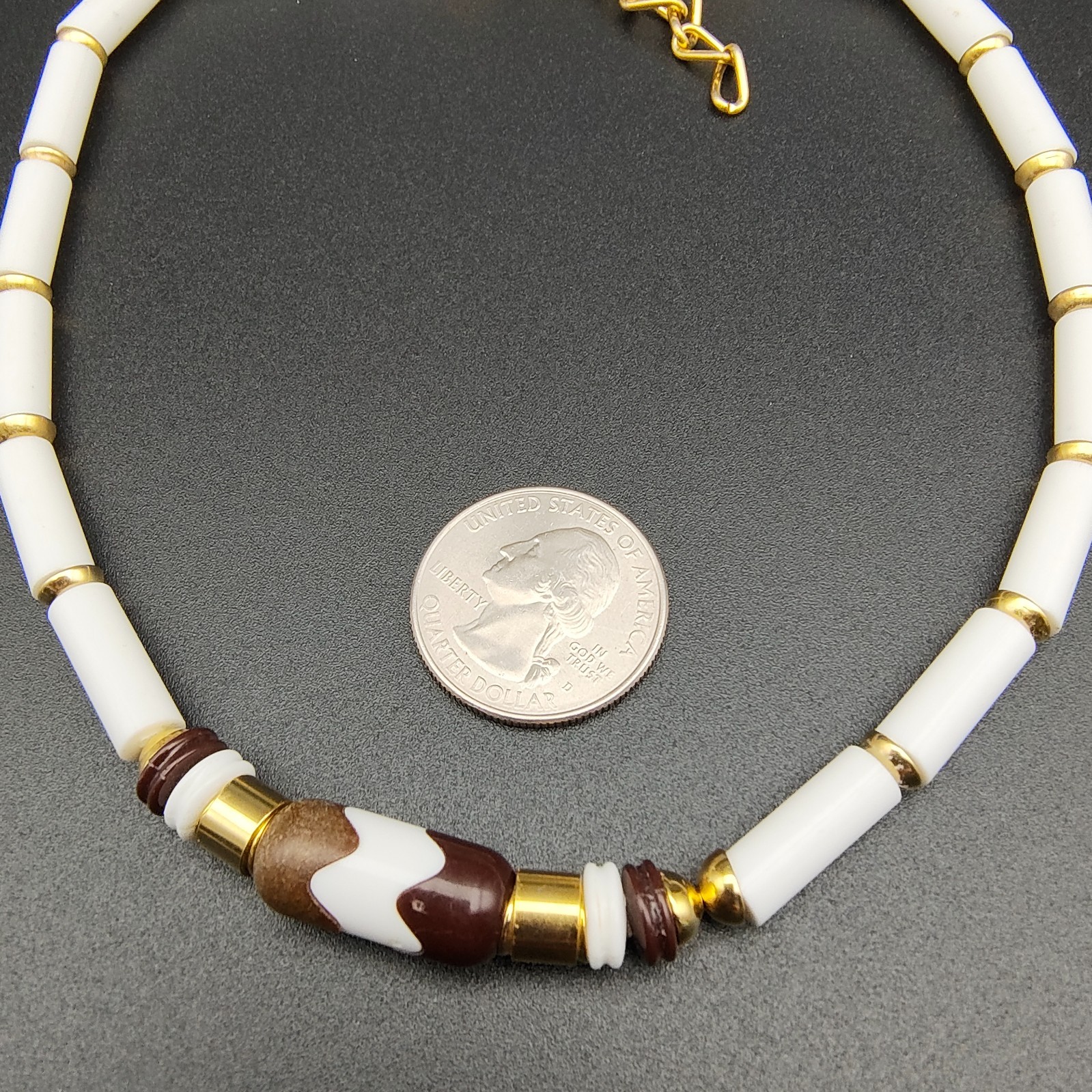 Vintage Boho Ethnic Beaded Statement Necklace White Brown Gold Tone Plastic 70s