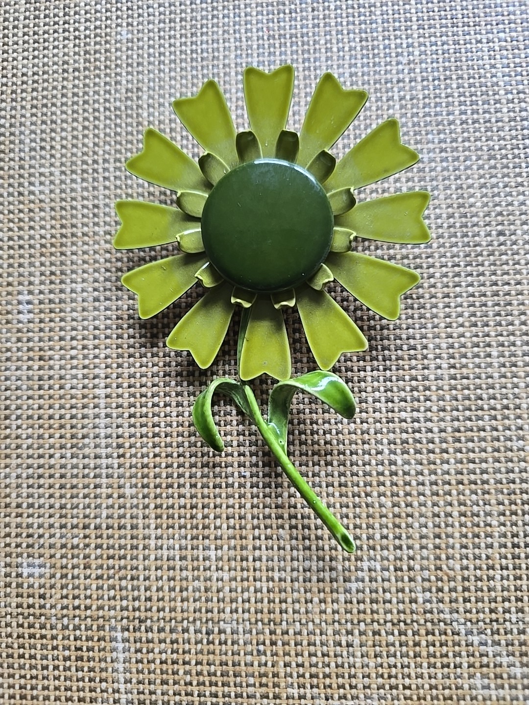 Vintage Enamel Two Tone Green Daisy Flower Brooch Large Groovy Retro Floral