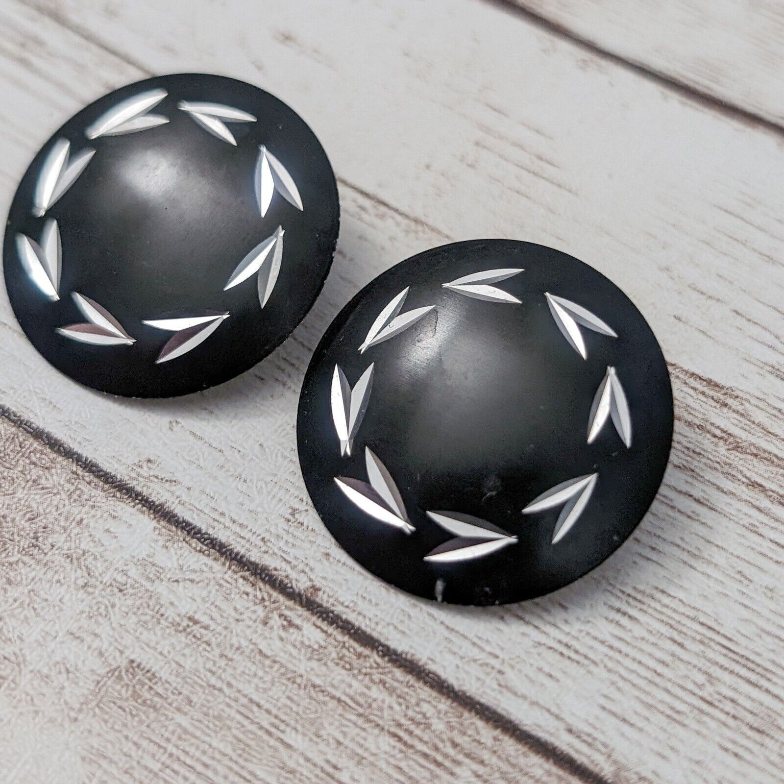 Vintage Clip On Earrings – Black with Silver Tone Design 1 & 1/8″