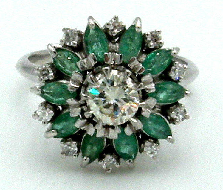 Stunning Cluster in Platinum with Diamonds and Emeralds Ring
