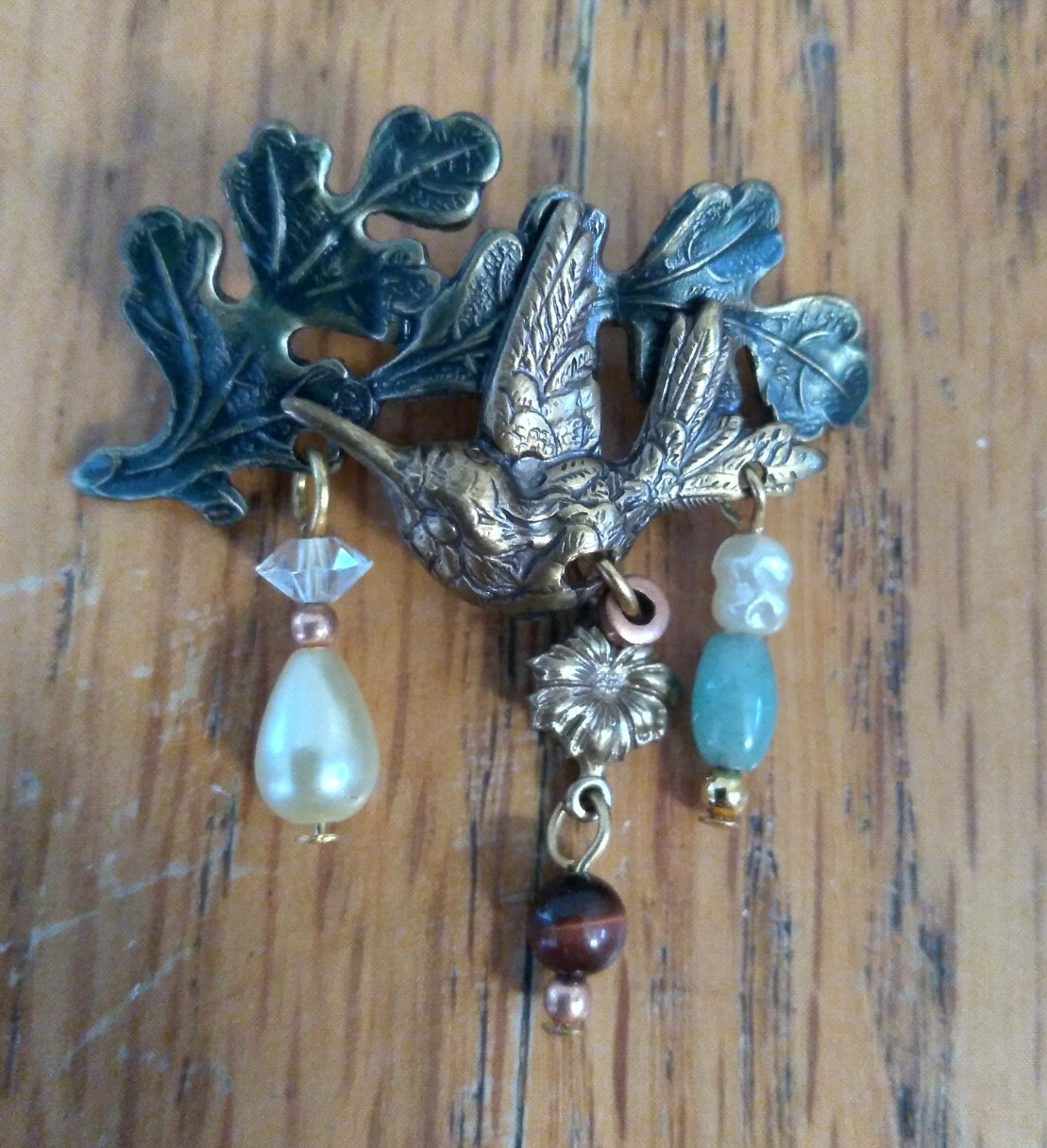 Vintage Hummingbird Brooch Brass Tigers eye Pearl Jade Dangles