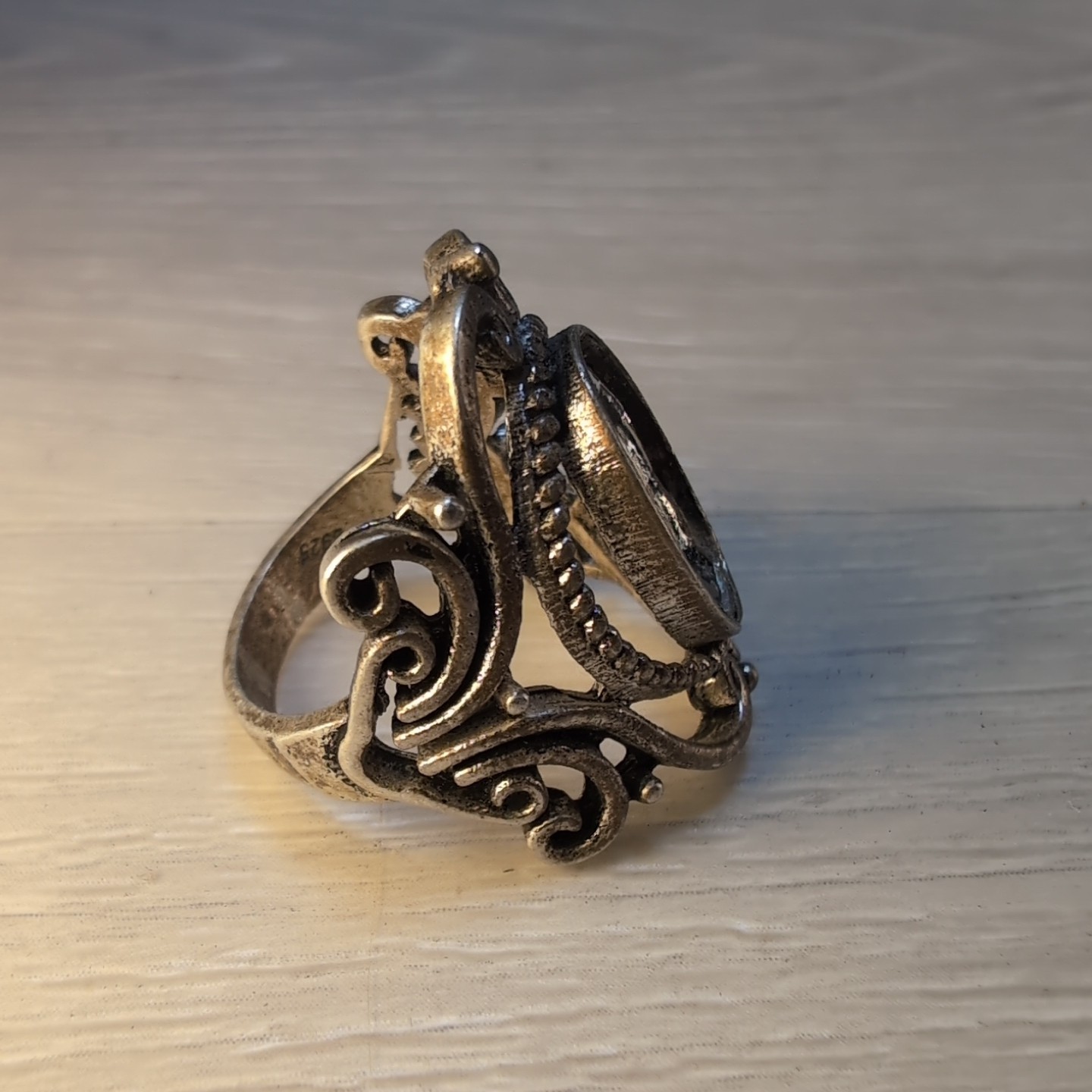 Vintage .925 Sterling Silver Ring Elegant Victorian Scrollwork 7.5 No Stone 6.9g