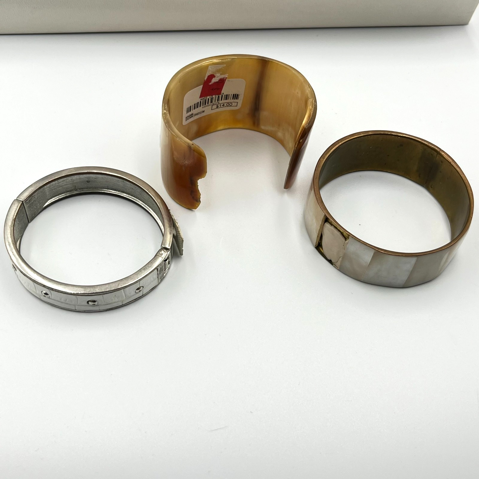 Vintage Bangle Set Mother of Pearl Horn Style Faux Croc White Brown Gold Silver
