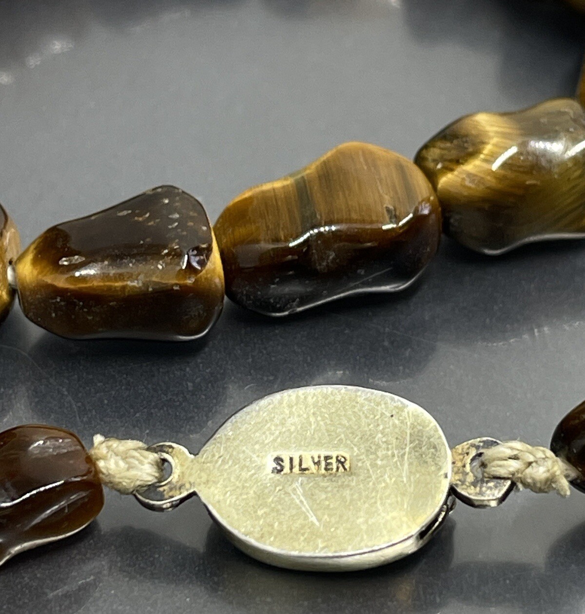 Vtg Sterling Silver Clasp Hand Knotted Tiger’s Eye Beaded Long Necklace 24.75”