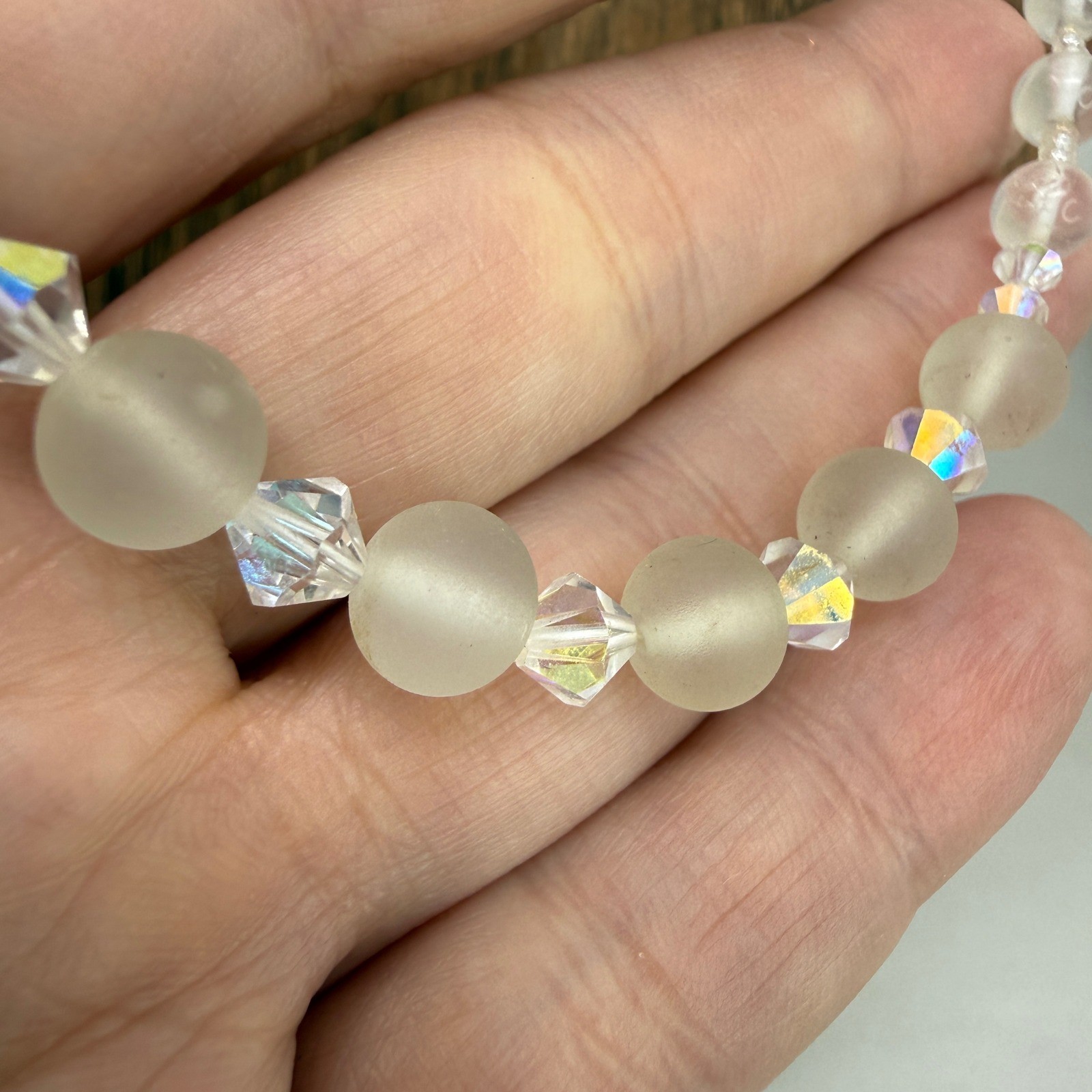 Vintage Frosted Glass AB Crystal Pearl Beaded Necklace Filigree Clasp Iridescent