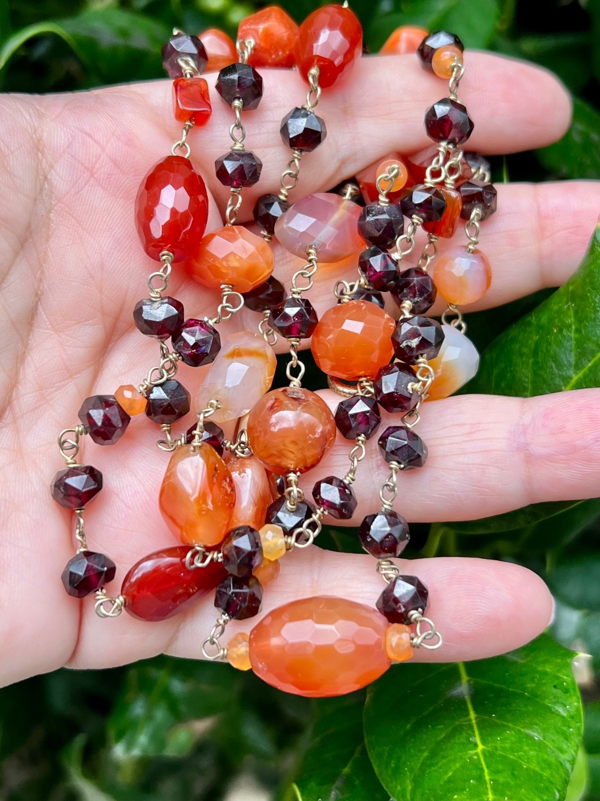 VINTAGE AGATE RHODOLITE GARNET 925 STERLING SLVR LONG STATION STATEMENT NECKLACE