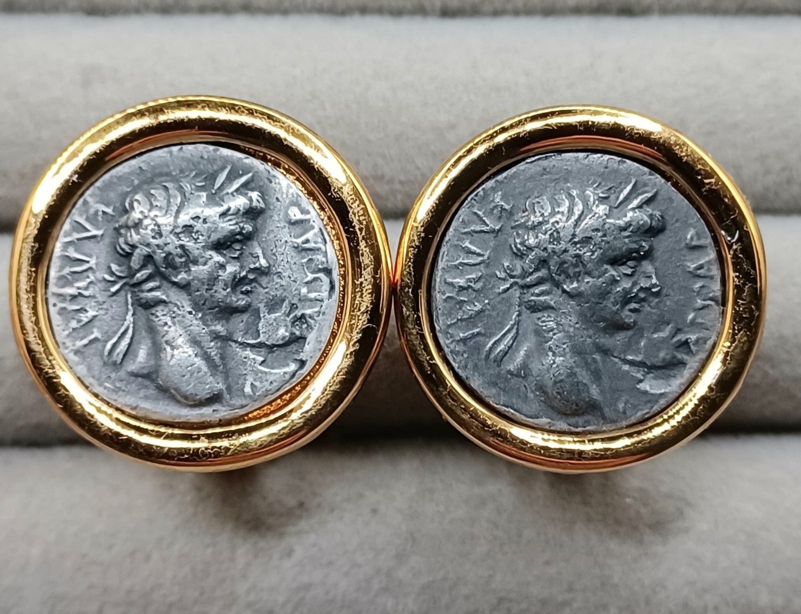 Carolee Roman Coin Clip-On Earrings Gold & Pewter Tone Etruscan Style Vintage