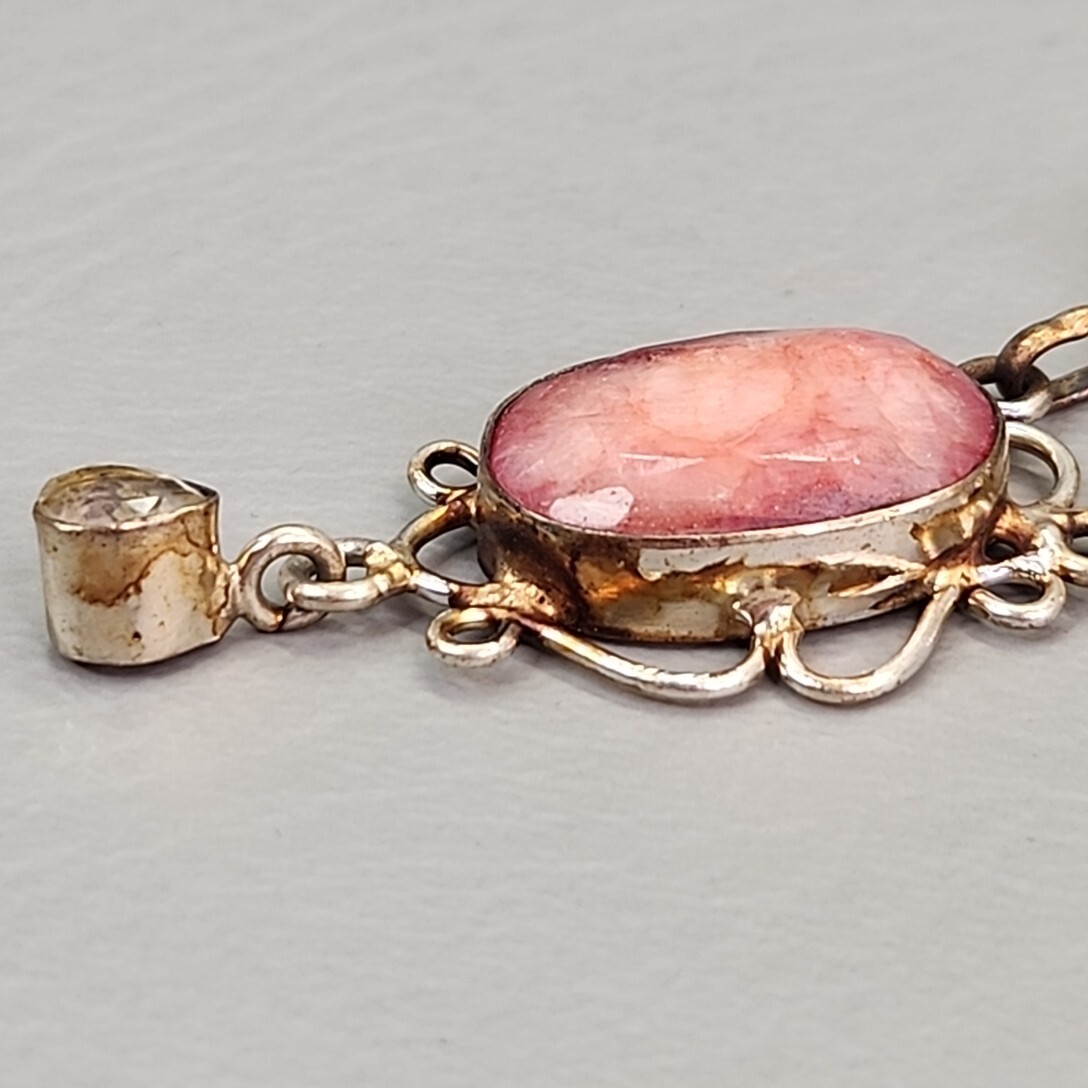 Vintage Glass Bead Necklace Blue Beads Pink Quartz Artisan Silver Tone 18.75″