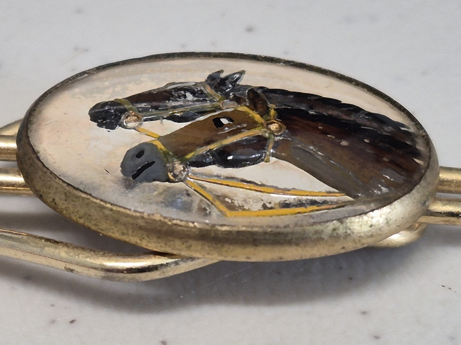 Vtg Equestrian Reverse Painted Portrait of Horses, Vintage Tie Clip, Circa 1930s