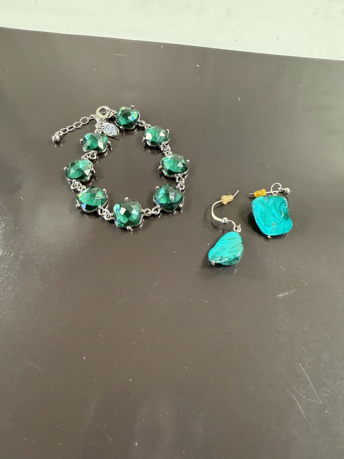 Abalone Shell Necklace Bracelet Earrings Set Pierced Vintage Blue Green 5 Pieces