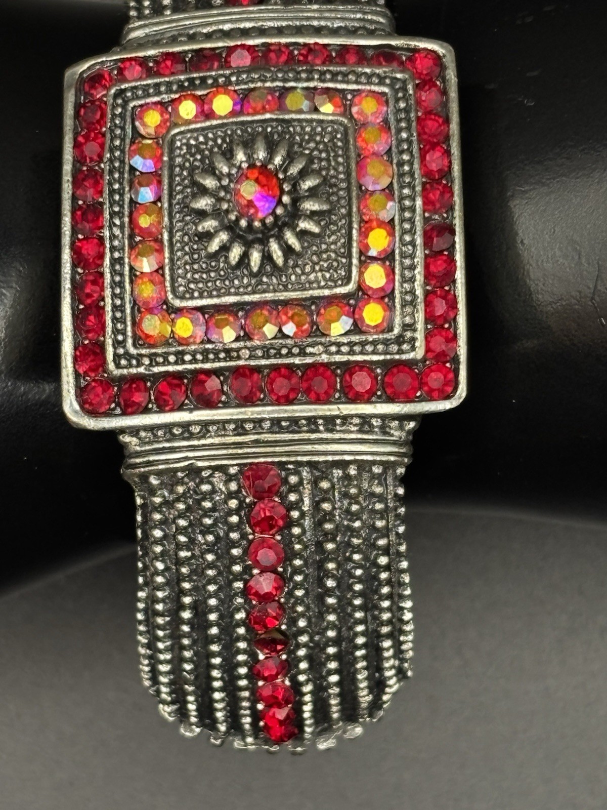 Ruby red and iridescent Aurora Borealis rhinestones Hinged Bracelet