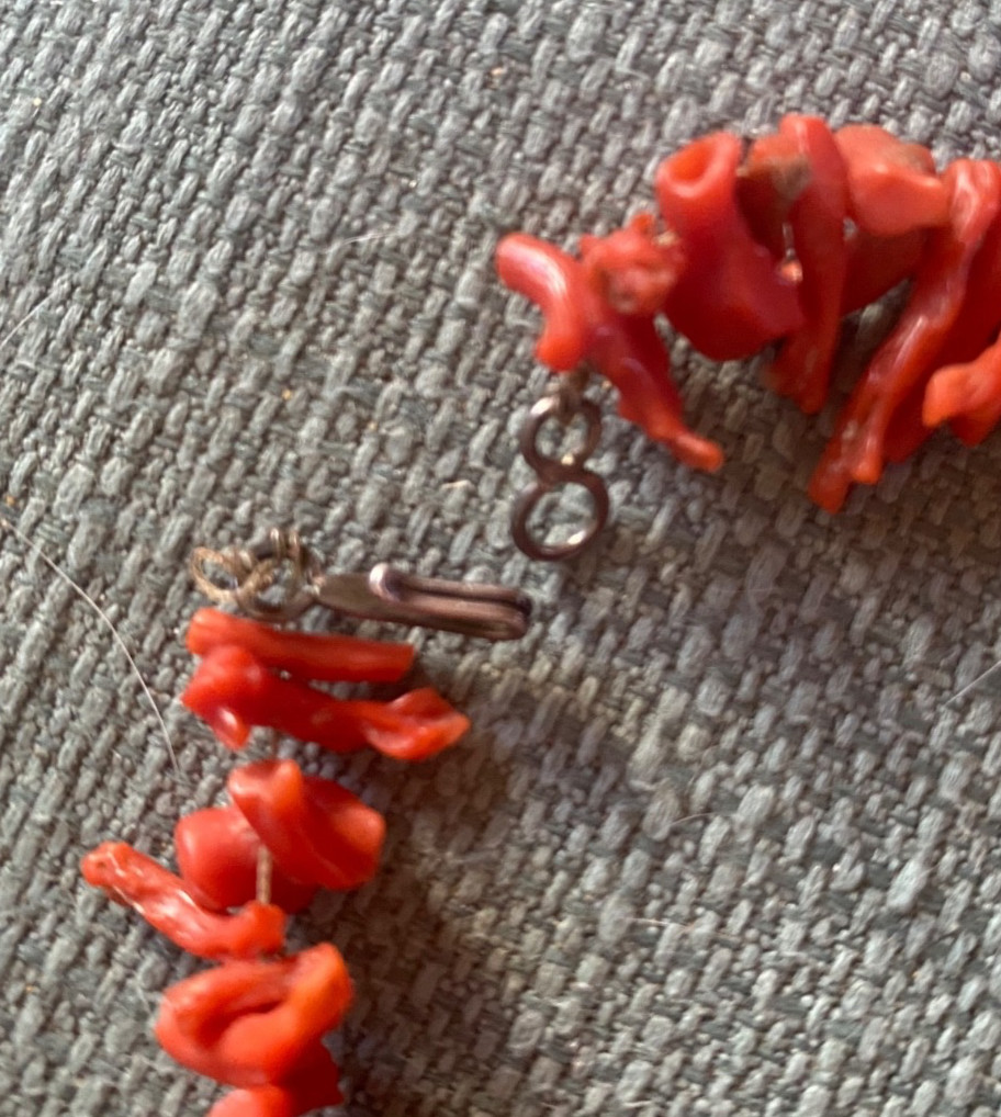 Vintage 1970’s Natural Branch Red Coral Necklace w Silver? Metal Beads 18″
