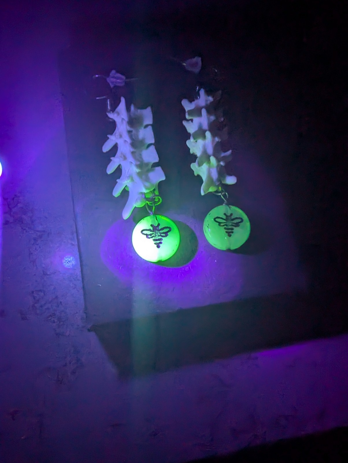 Snake Vertebrae Earrings Uranium Glass Bee Glow UV Dangle Handmade