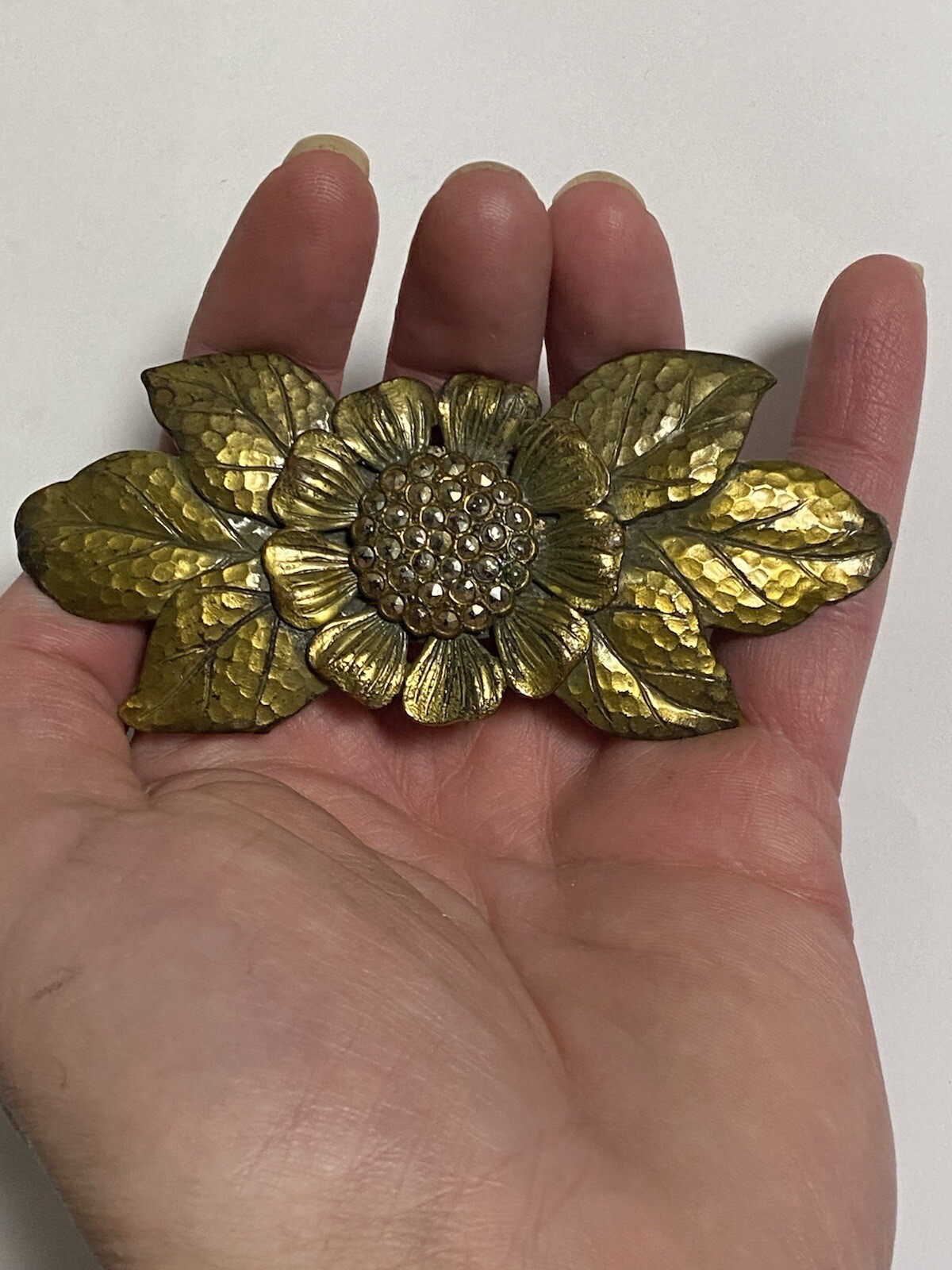VTG Art Deco NU VOGUE BUTTON NY Signed Floral REPOUSSE’ MARCASITE BROOCH