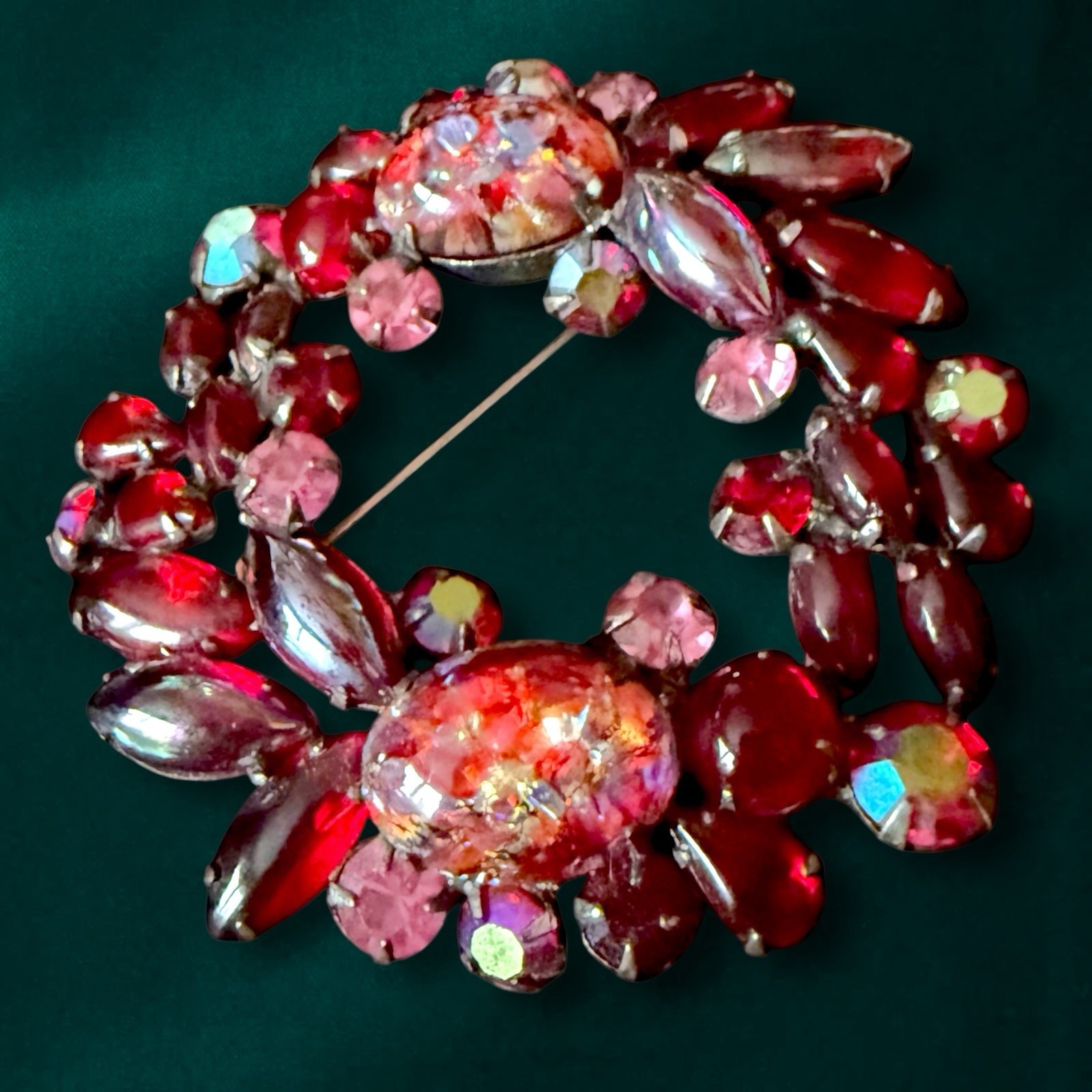 Red Rhinestone Brooch Large Art Glass Confetti Cabochon Vintage 3 Inch