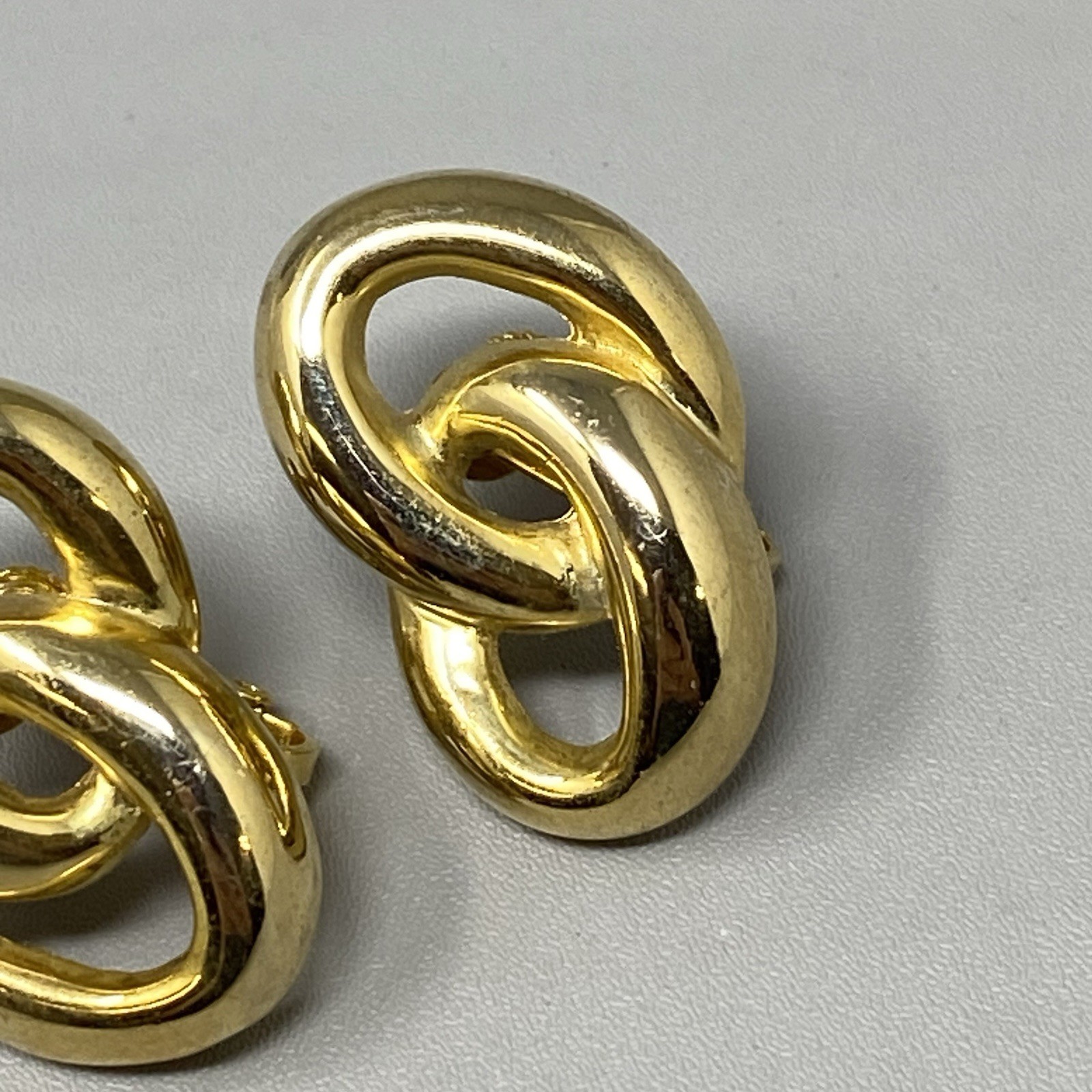 Gold Tone Clip On Earrings Double Link Dangle Drop Knotted Screw Back 1.25″