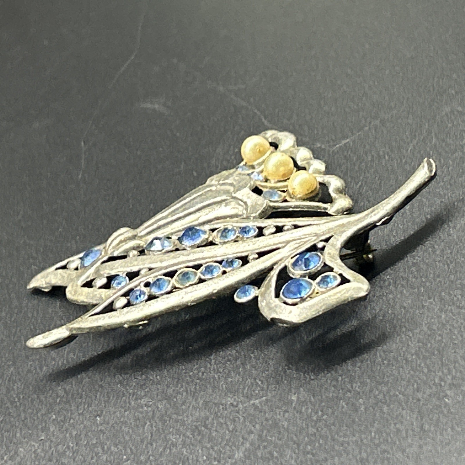 Vintage Pot Metal Brooch Large Floral Flower Pin Blue Rhinestones 3”