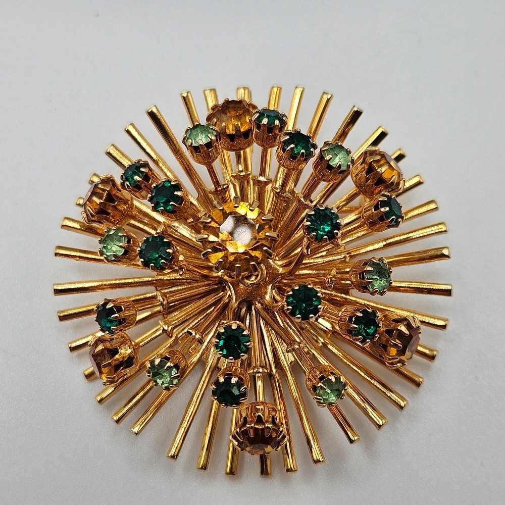 VINTAGE 3D Gold Tone Rhinestone Atomic Starburst Brooch Pin Convertible Pendant