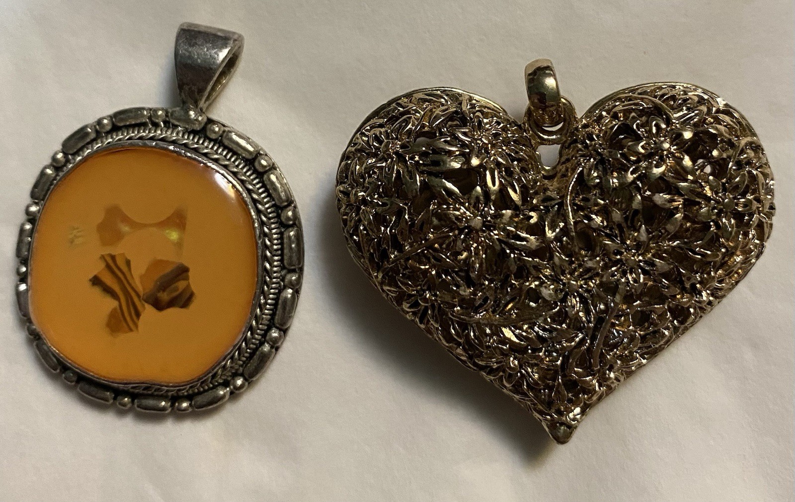 2 Vintage Pendants Puffy Heart Filigree And Shell On Orange Approximately 1.5”