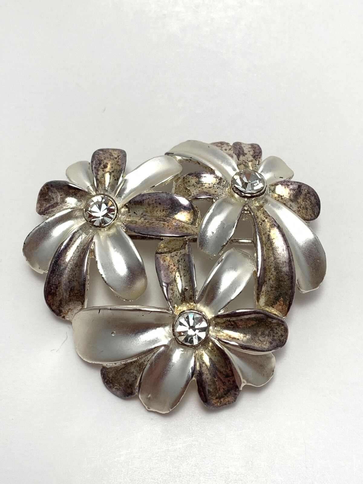 Vintage Silver Tone with White Stone Floral Brooch with Matching Clip Earrings