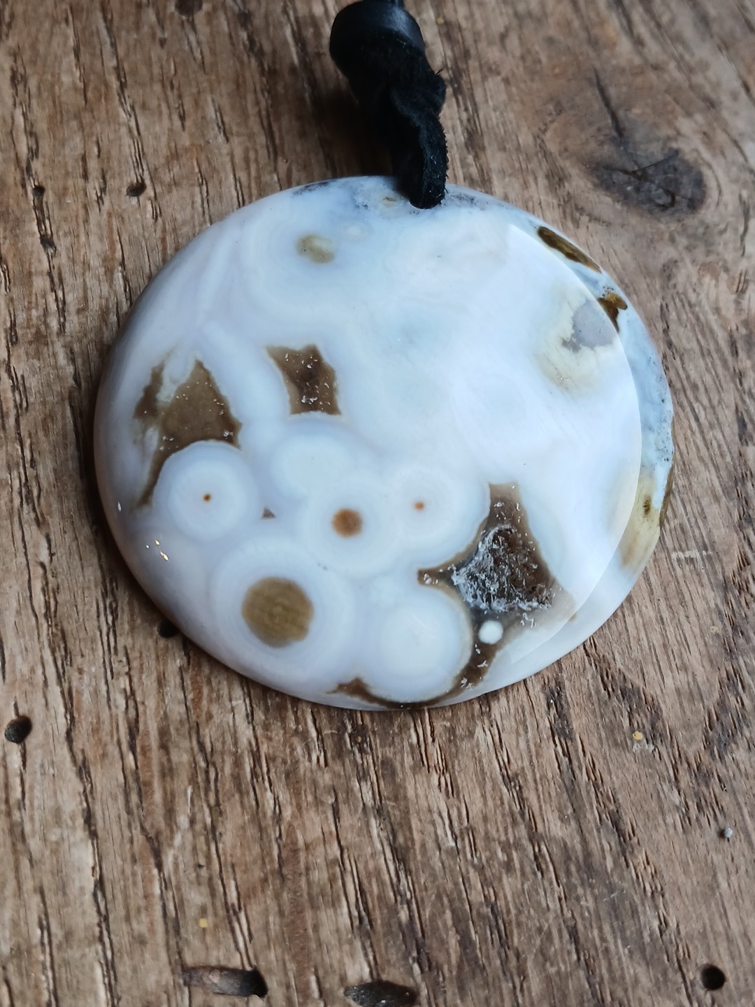 Ocean Jasper Necklace Leather Cord Hippie Boho Layering Beautiful Pattern Round