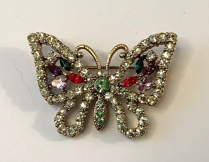 Vintage Rhinestone Butterfly Brooch Stunning Green Purple Pink Red 568