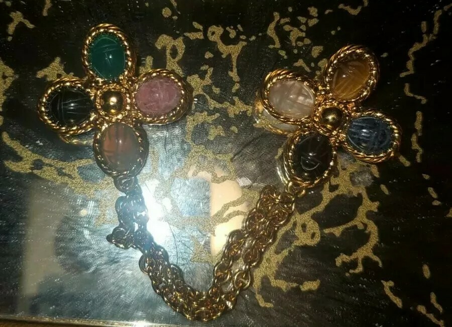VTG Bal-Ron 12kGF Egyption Revival Scarab Collar SwagPins Lapis Onyx Quartz Jade
