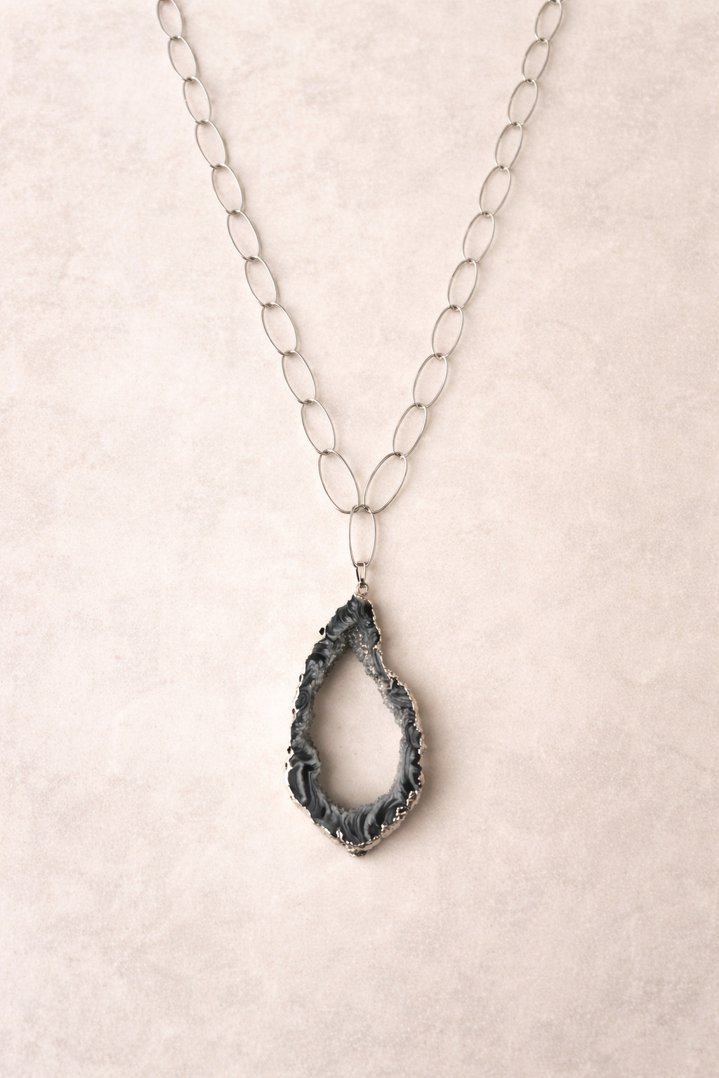 Sterling Silver Agate Geode Slice Necklace – 30″ Long – Artisan Statement Pendan